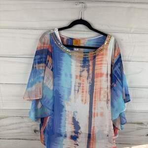 Ruby Rd. Women's Floral Tropical Print Split Neck Flutter Sleeve Blouse